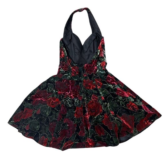 Vintage Velvet Floral Halter Dress Y2K Rampage USA Size 5 Black Red Formal Party - Picture 3 of 8